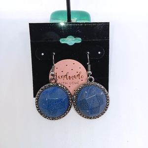 HANDMADE Lapis Lazuli Hex Cut Natural Stone & Gunmetal Rhinestone Earrings